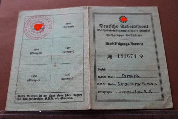 alter Beschäftigungs-Ausweis - Deutsche Arbeitsfront Fachgruppe Gaststätten - Landsberg 1934